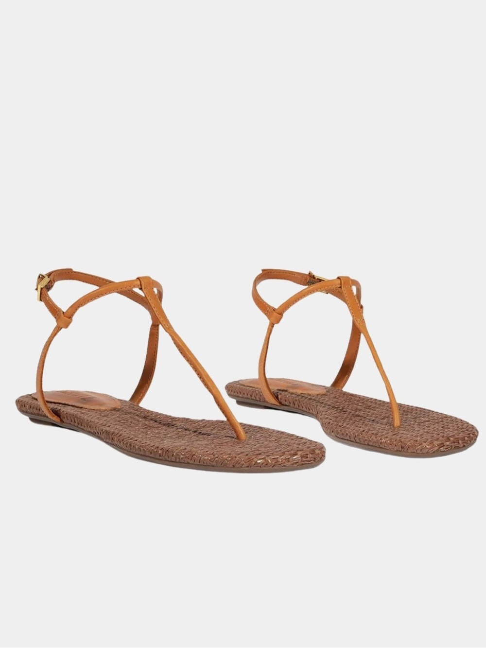 SCHUTZ Elsha T-Strap Flat Silhouette Woven Textured Leather Brown Sandals Sz 7.5